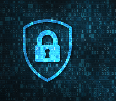 a graphic of a padlock in a shield covered in binary