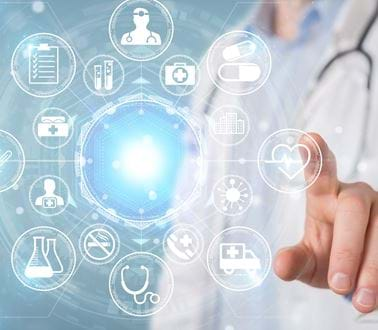 a doctor points at a digital health graphic